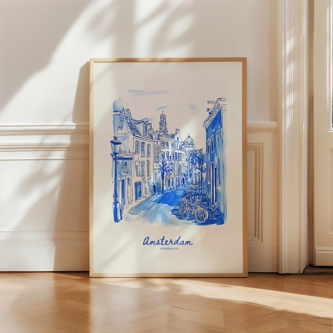 Amsterdam Travel Poster With Navy Blue City Sketch