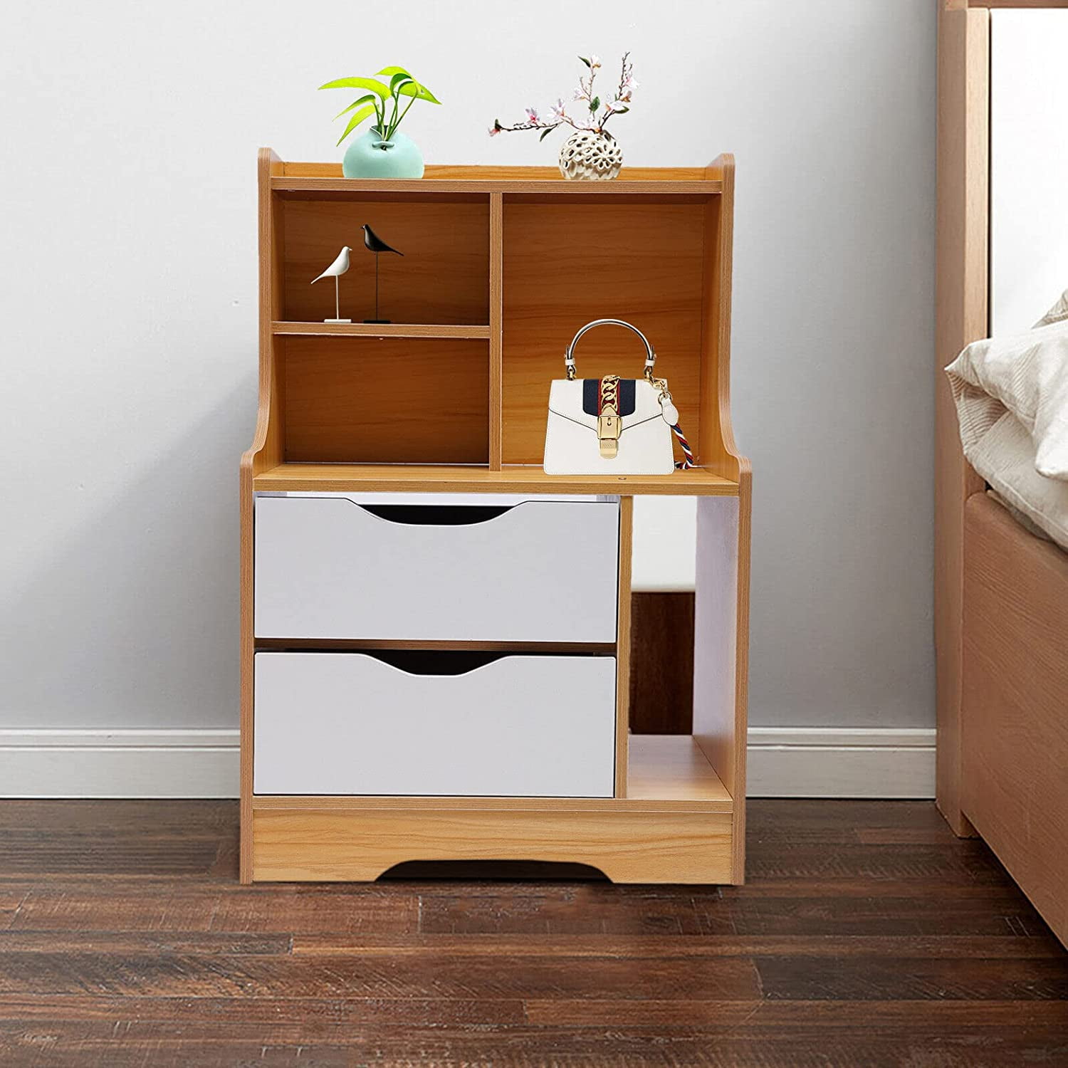 MONIPA Wood Storage Table Bedside Shelf Modern Nightstand with