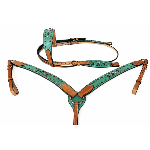 Horse Tack Bridle Western Leather Headstall BreastCollar Turquoise 80116