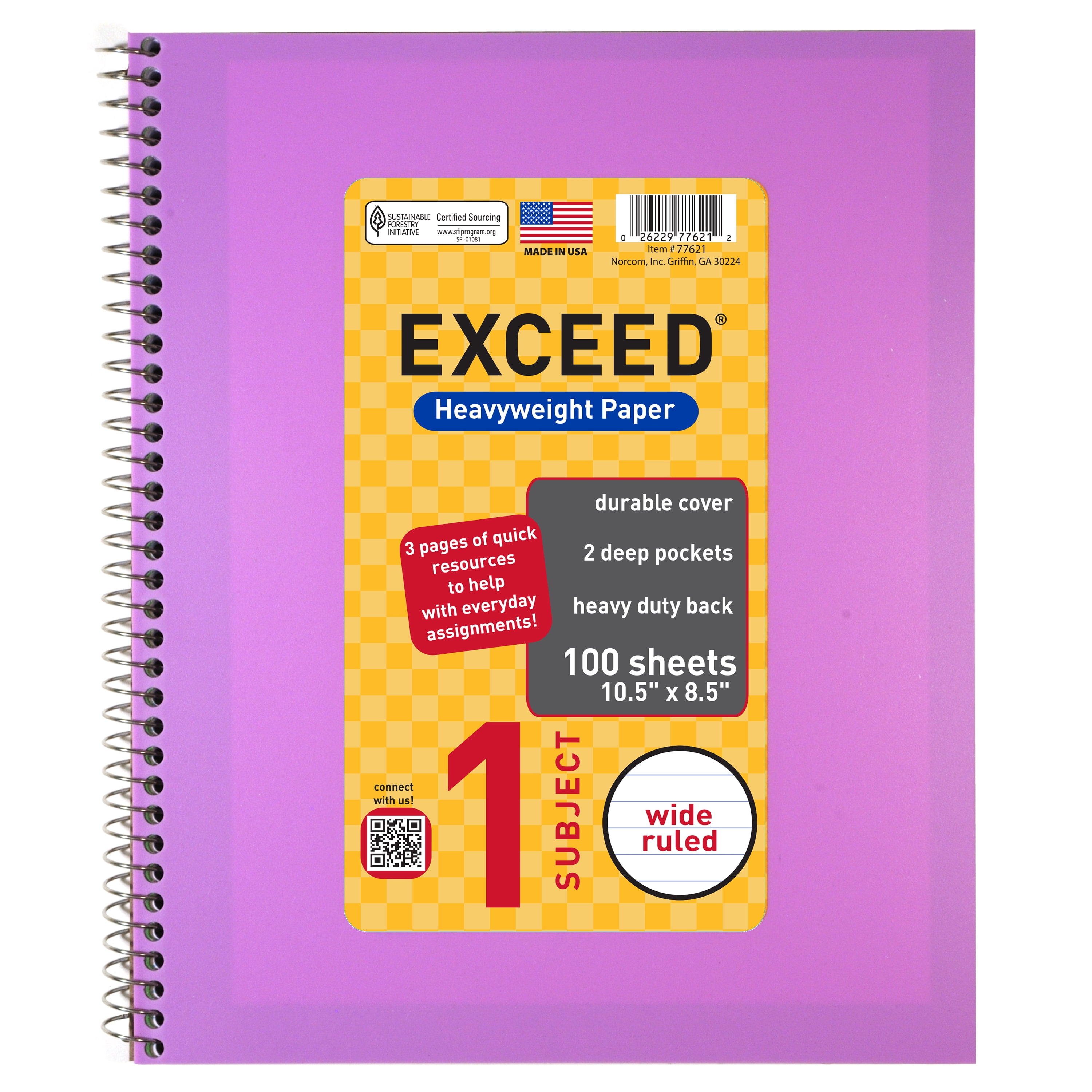 Exceed Spiral Notebook, Wide Ruled, 1 Subject, 100 Pages, 8.5" x 10.5", Color Choice Will Vary, 77621