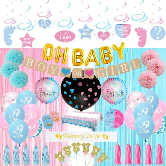 Gender Reveal Party Supplies Kit Blue and Pink (97 Pieces) Baby Boy Or Girl · Gender Reveal Decorations Include Jumbo Confetti Balloon, Assorted Pink and Blue Gender Reveal Balloons, Pink and Blue Tin
