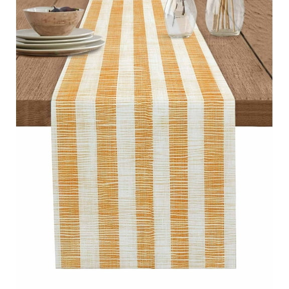 Orange Stripes Burlap Cotton Table Runner 13x72 Inches Long, Vintage Farmhouse Linen Styles Boho Farmhouse Table Runners, Outdoor Dining Tablecloths Decor for Baby Shower/Party/Wedding