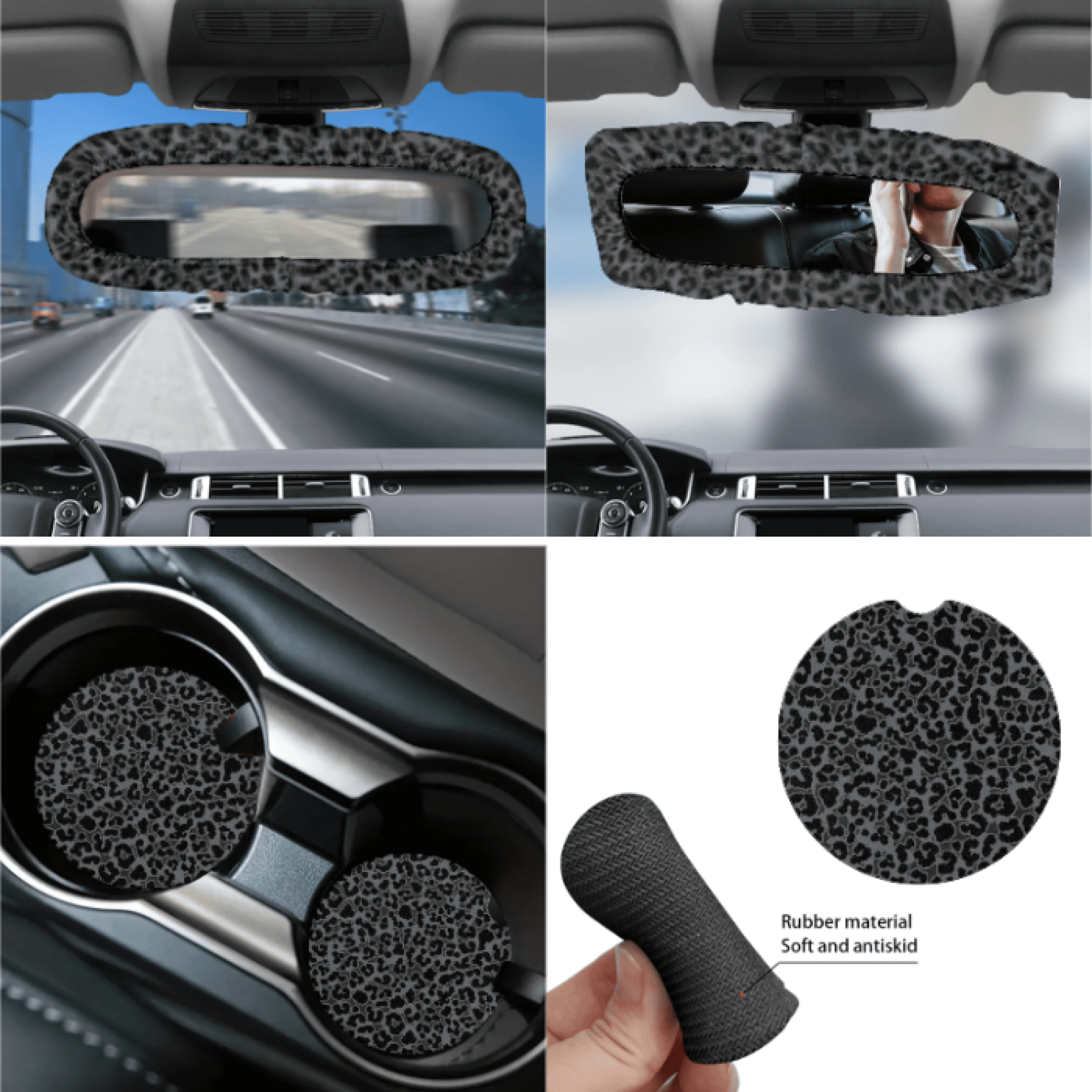 HUIACONG Black Leopard Print Pattern Car Accessories Full Set, with Car Seat Belt Pad Armrest Cushion Car Safety Strap Cover Car Cup Holder Mats