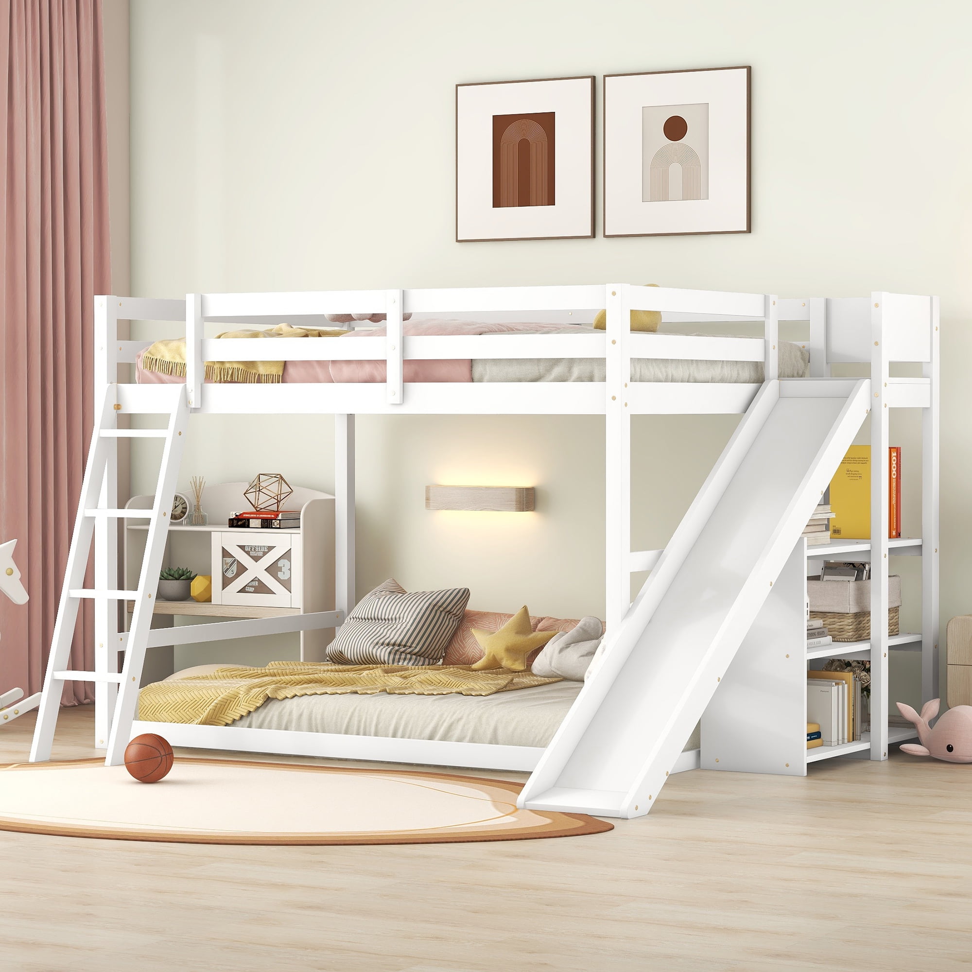 Euroco Wood Full over Full Bunk Bed with Slide and Ladder, 3-Tier Shelf for Kids Teens Bedroom, White