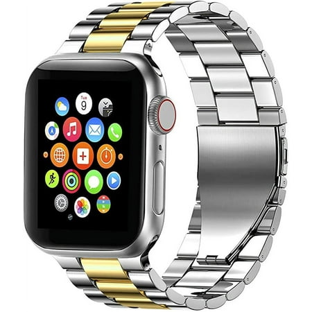 Fitlink Stainless Steel Metal Band for Apple Watch 45/44/42/41/40/38mm, Apple Watch Band Bracelet for Apple Watch Series 7 Apple Watch Series 6 Apple Watch Series 5/4/3/2/1(Silver/Gold-38/40/41mm)