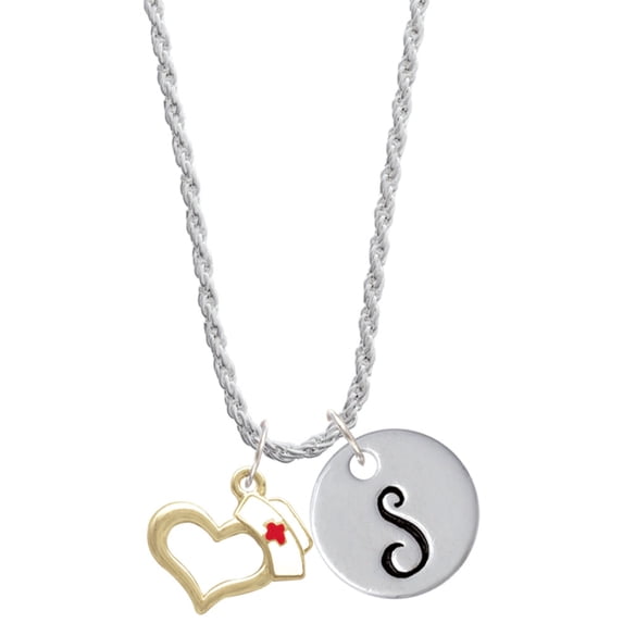 Delight Jewelry Goldtone Open Heart with Nurse Hat Silvertone Script Initial Disc - S - Charm Necklace, 20"+3"