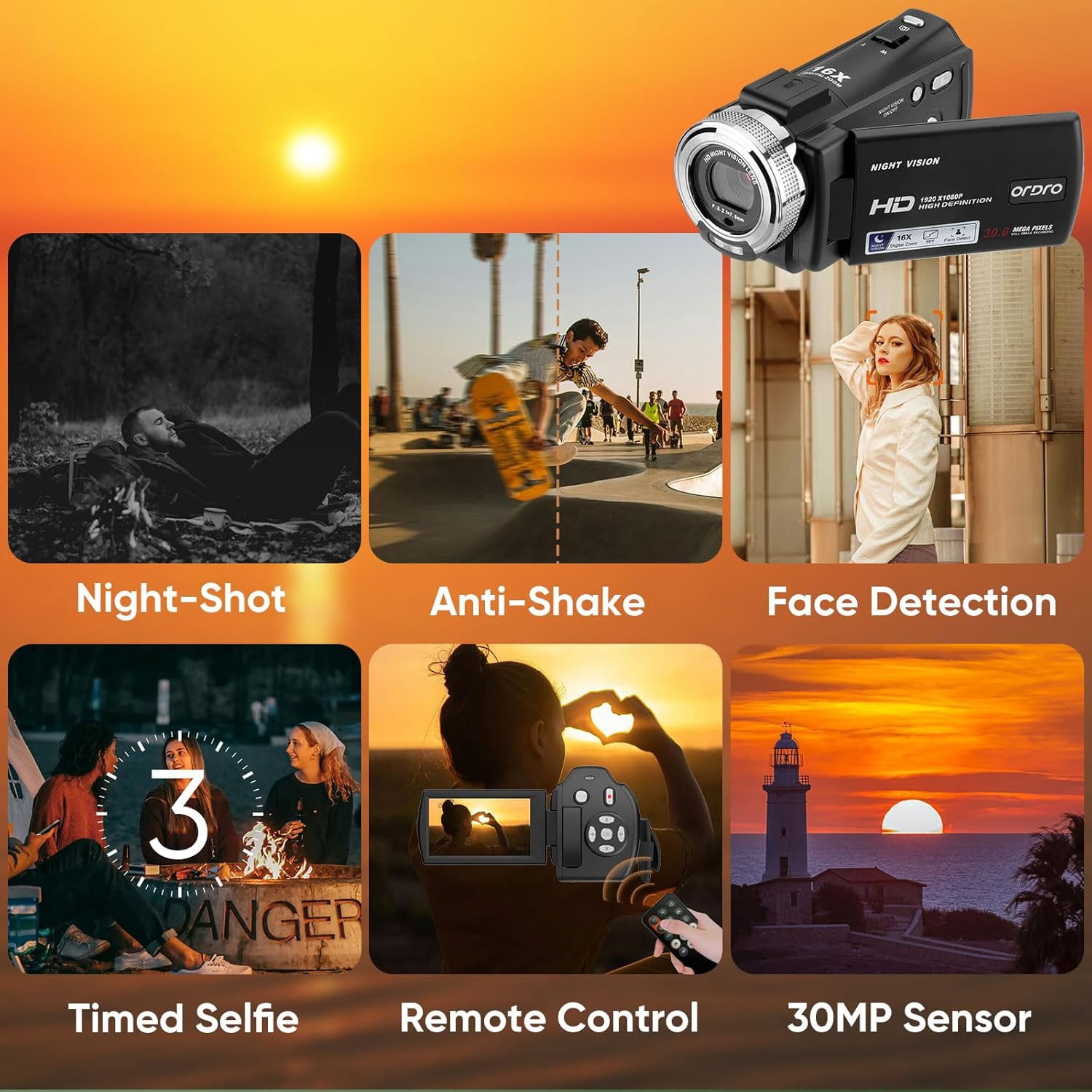 ORDRO Camcorder Video Camera HDV-V12 1080P Infrared Night Vision 16X Zoom Digital Vlogg Camera