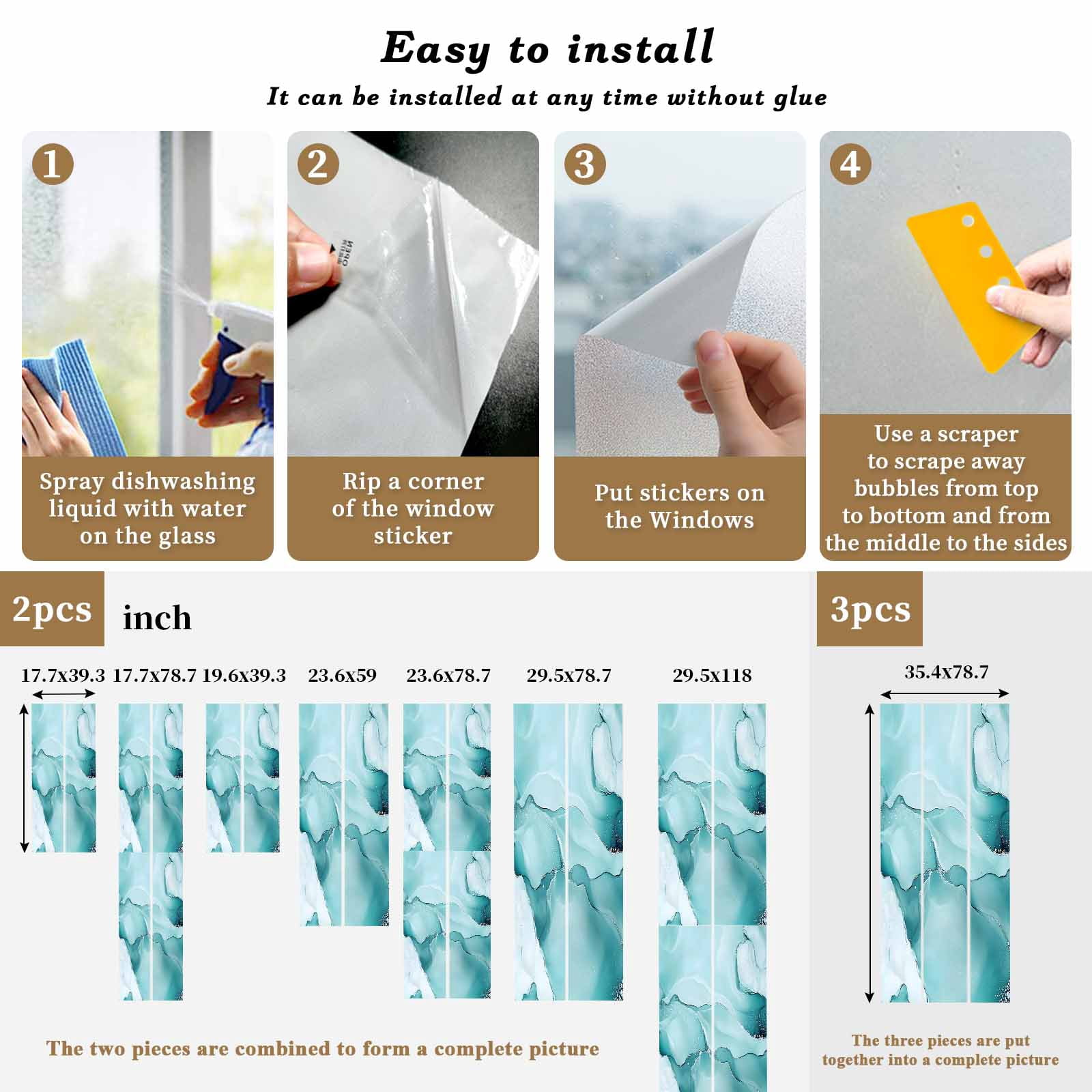 Abstract Marble Texture Window Privacy Film Blue Green Wavy Pattern Decorative Glass Window Film UV Blocking Static Cling Non-Adhesive Sticker Covering for Home Door 23.6 x 78.7 inches