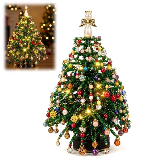 Beaded Christmas Tree Kit – DIY 3D Beaded Tree Craft for Adults, Holiday Ornament Making Set with Beads, Charms, Lights & Tabletop Decor