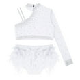 thumbnail image 3 of Lejafay Girls Glittery Rhinestones Dance Outfits One Shoulder Mock Neck Crop Top with Feather Briefs Dancewear White 6, 3 of 6