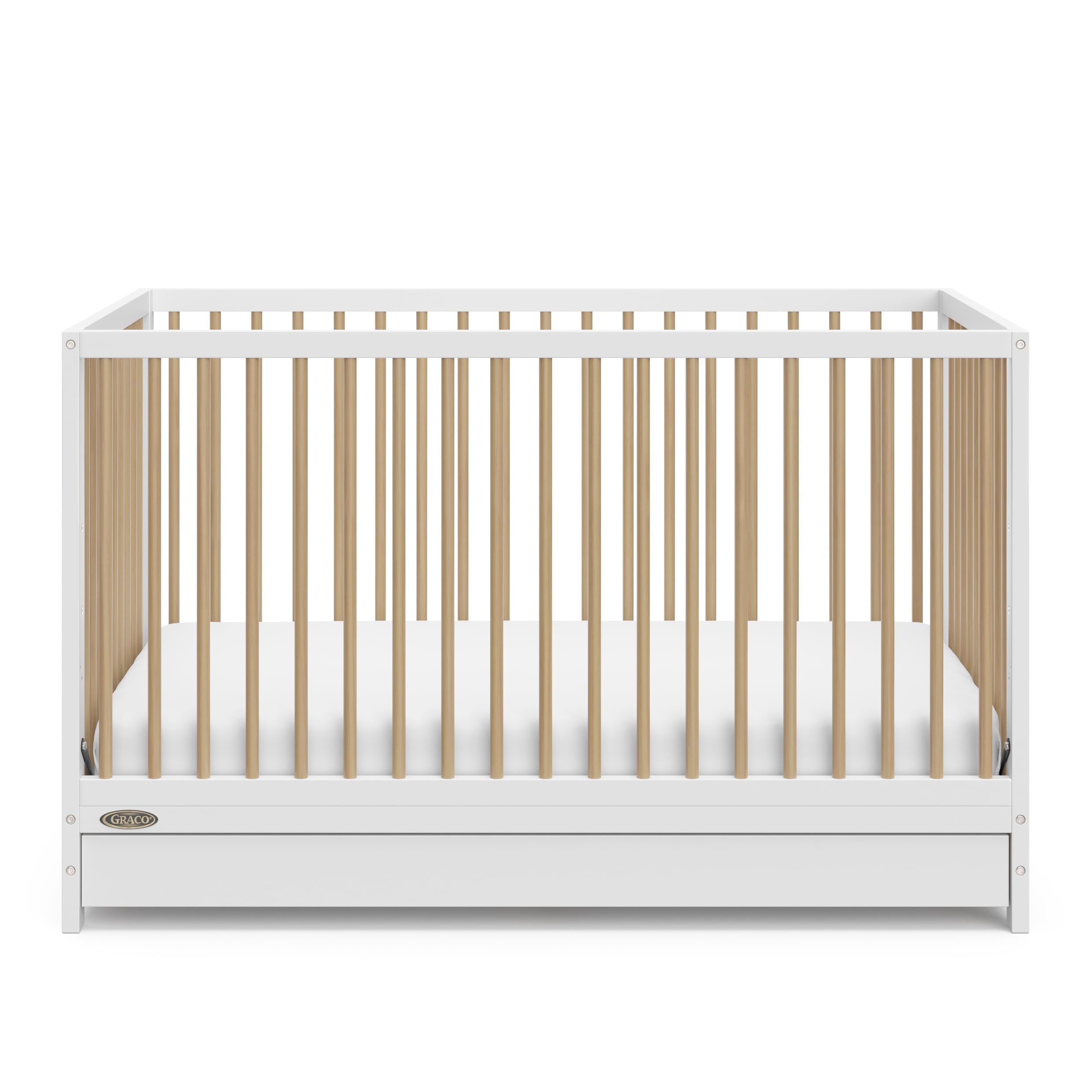 Graco Teddi 5-in-1 Convertible Crib with Drawer and Premium Crib & Toddler Mattress Bundle, White with Driftwood