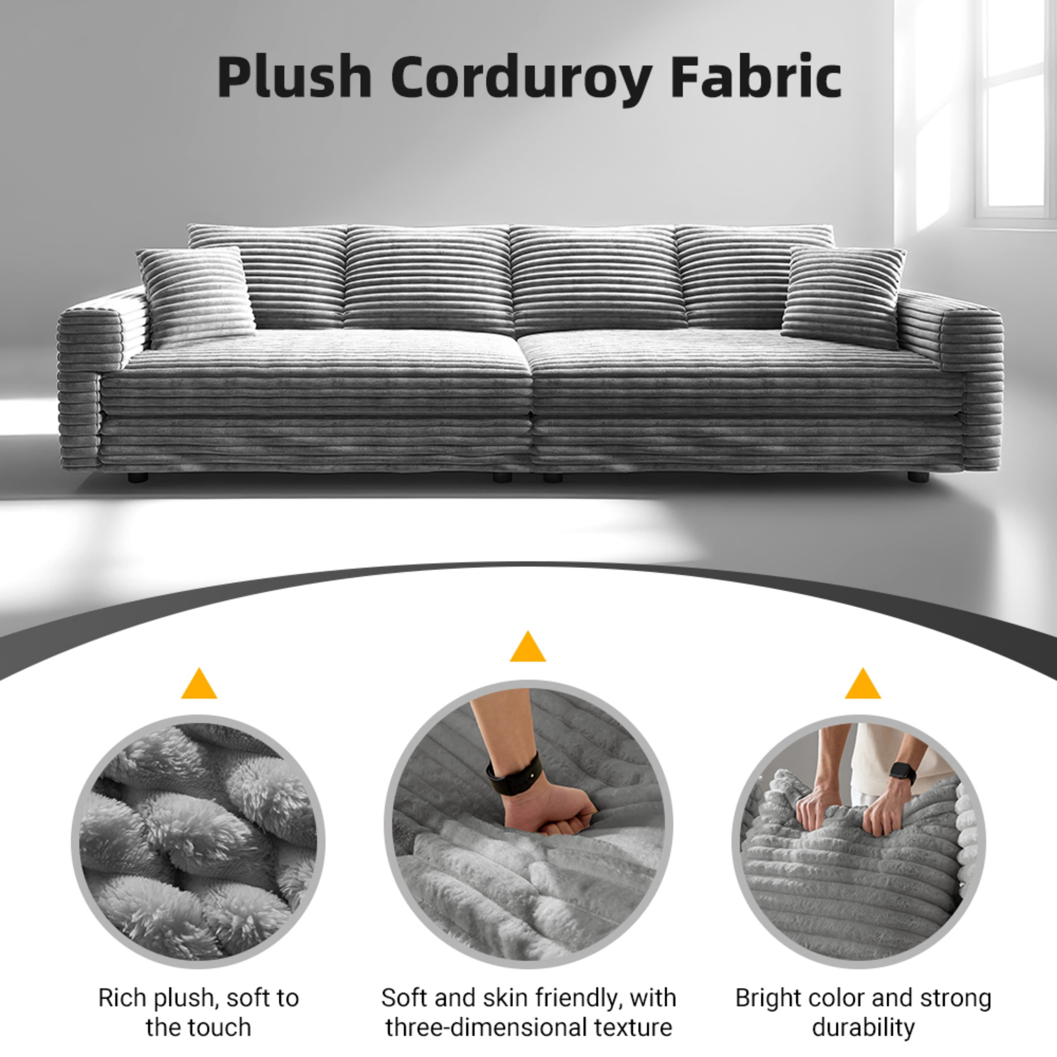 Alvantor 4-Seat Sofa with 3 Movable Ottomans 102" W Corduroy Upholstered Deep Seat Couches Convertible Chaise for Living Room, Apartment Grey