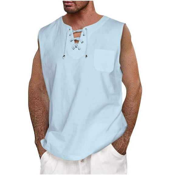 Penkiiy Men Casual Summer Cotton And Linen Solid V-Neck Tie Pocket Sleeveless Tank Tops Mens Light Summer Vest XXL Light Blue On Clearance