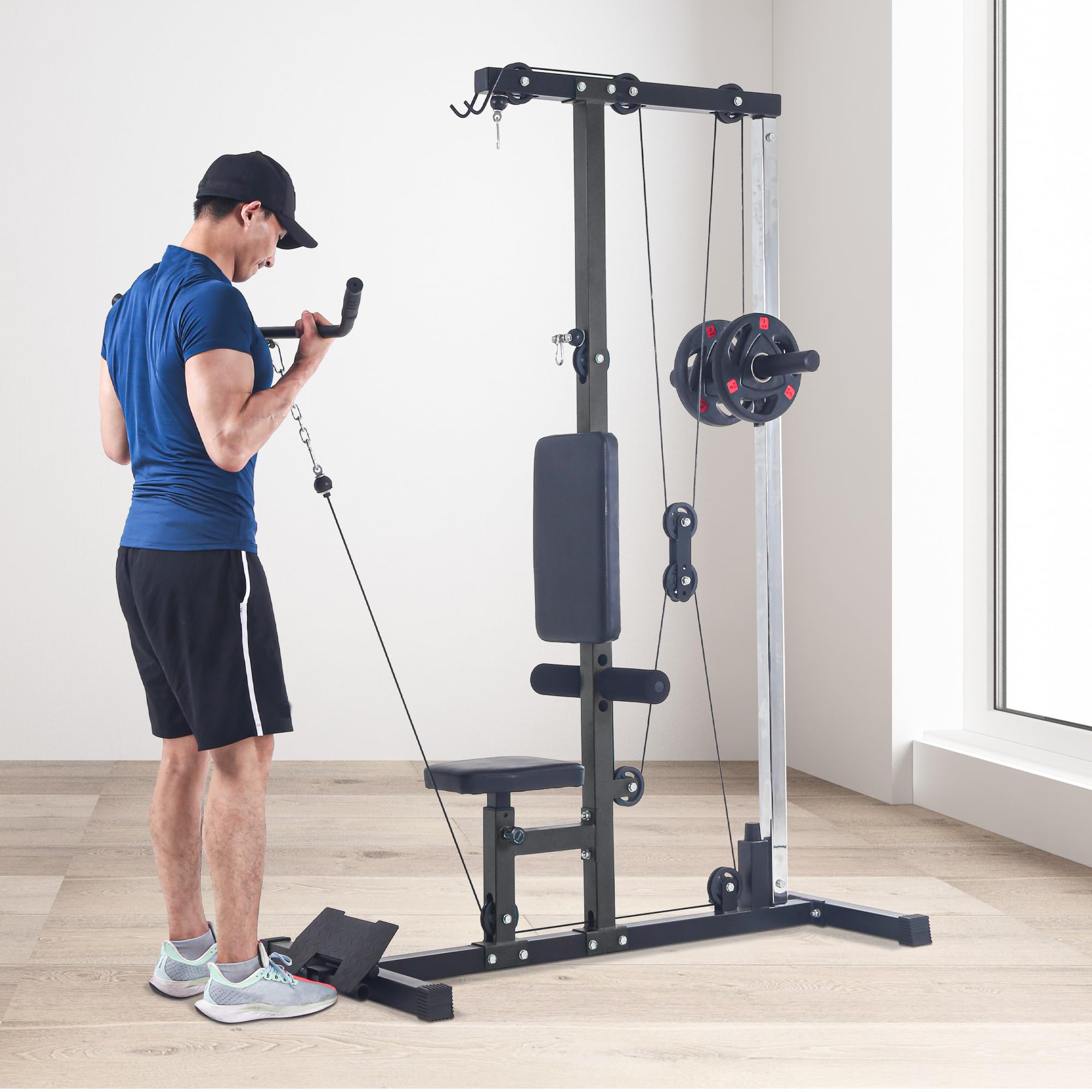 QinaQin Lat Pulldown Trainer with High and Low Pulley Stations, Multi-Functional Cable Trainer with Adjustable Leg Support, Suitable for Full-Body Training and Back Exercises In Home Gym