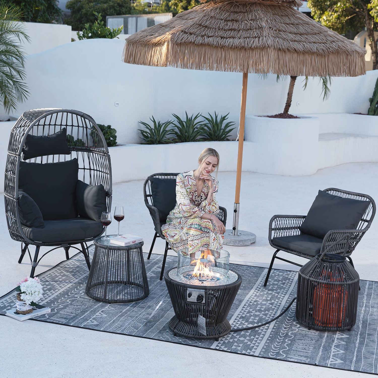 NICESOUL 6 Pcs Boho Outdoor Furniture Set with Fire Pit Table Wicker