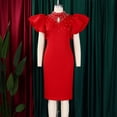 thumbnail image 4 of AURA Women’s Beaded Bodycon Midi Dress Ruffle Short Sleeves Half High Neck Zipper Solid Color S-5XL, 4 of 7