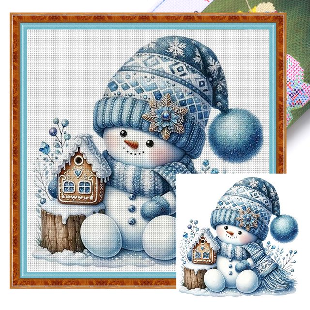 Kit Punto Cruz Con Muñeco Nieve Hilo Algodón Ecológico Bordado 11CT 40x40cm
