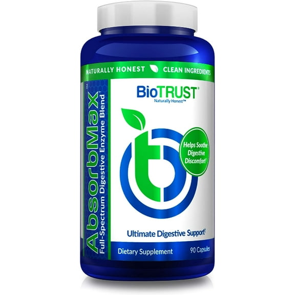 BioTrust AbsorbMax Broad Spectrum Digestive Enzyme Blend, Gluten Free, Non GMO, Digestive Support for Nutrient Digestion, Absorption and Periodic Digestive Discomfort and Bloating