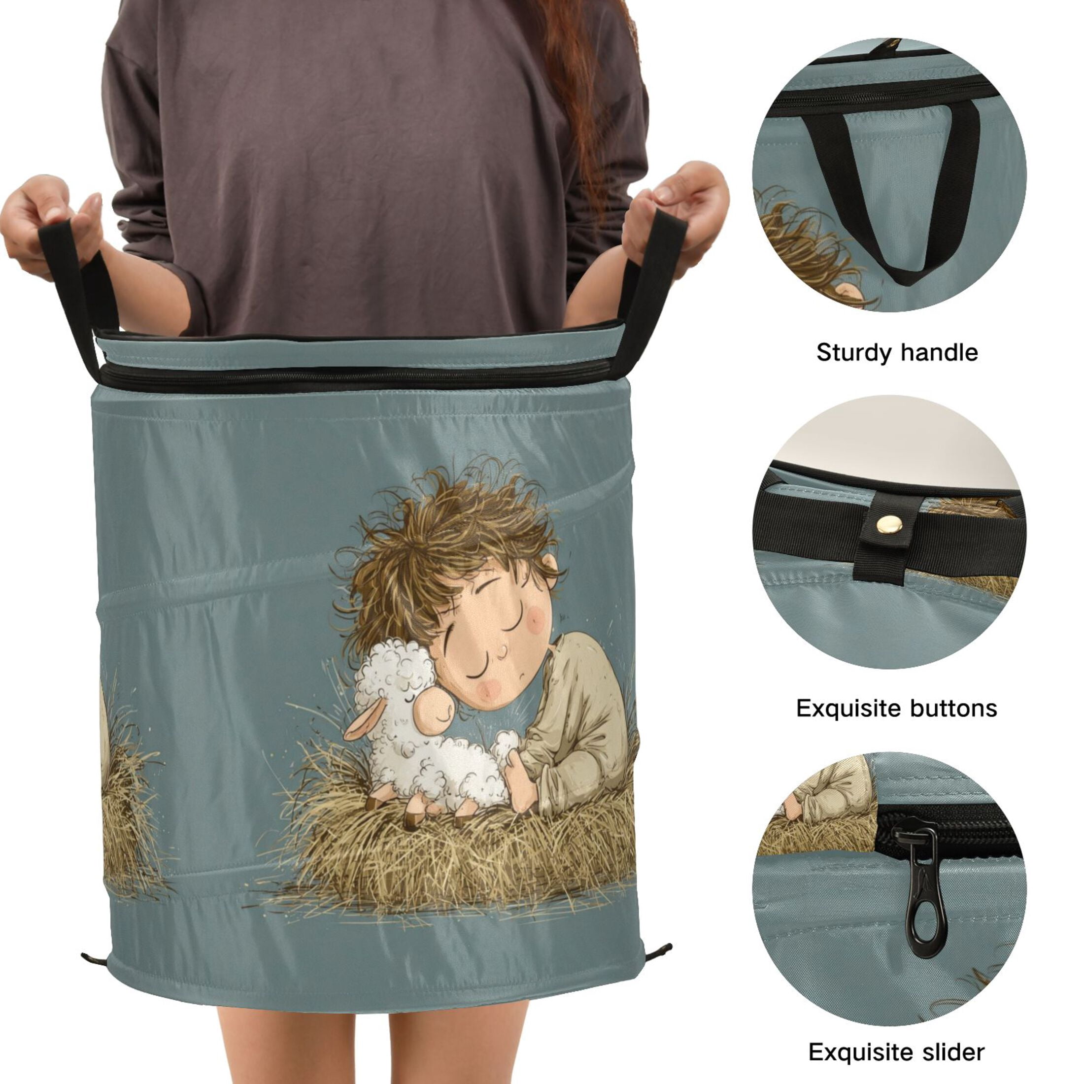 50L Extra Large Popup Hamper Collapsible Laundry Basket With Zippered Lid 15.7x18.5in A Cute Boy Sleeps with Lamb