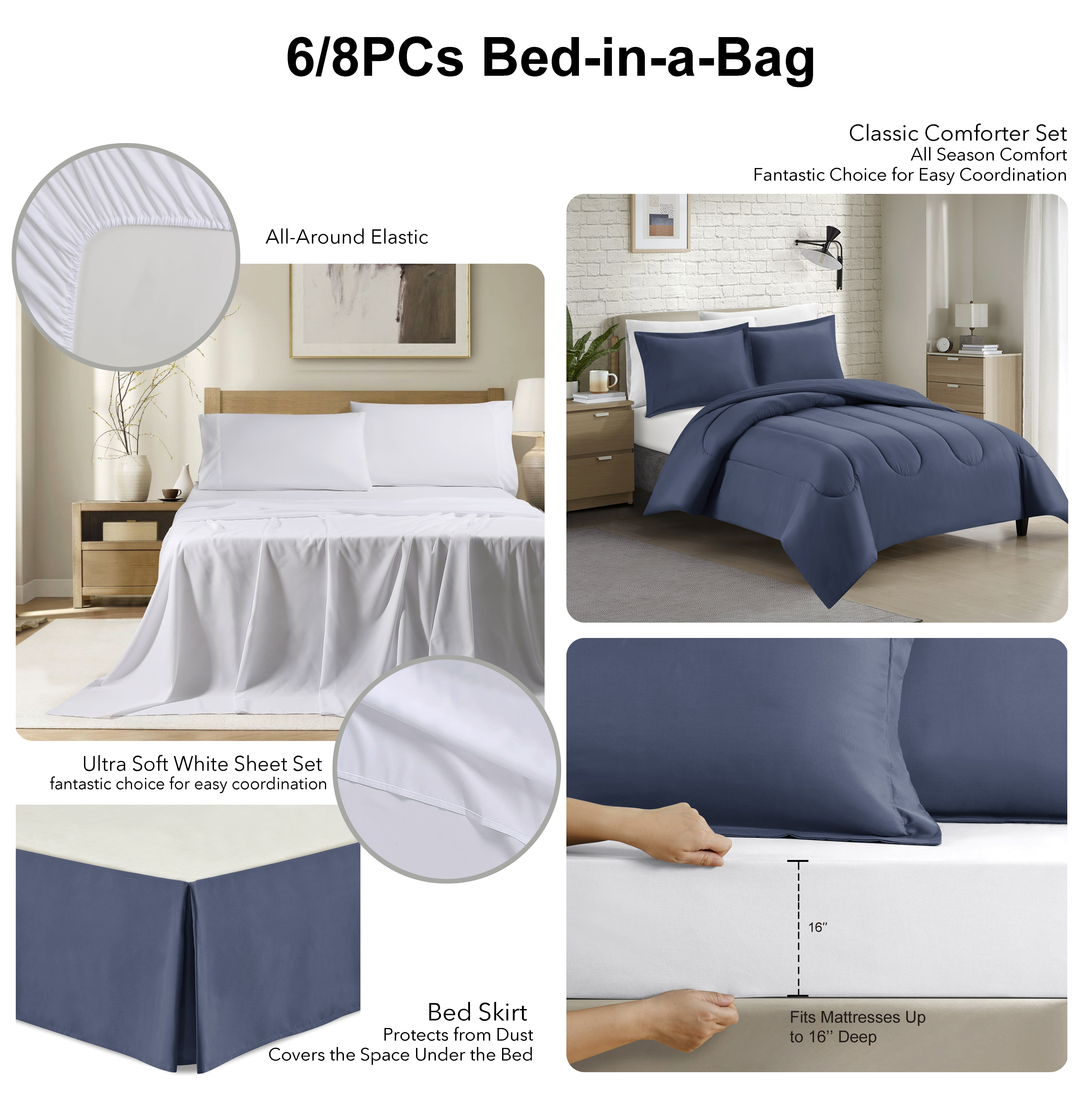 Swift Home Luxury 8 Piece Bed in a Bag, All Season Complete Bedding Set, King, Indigo