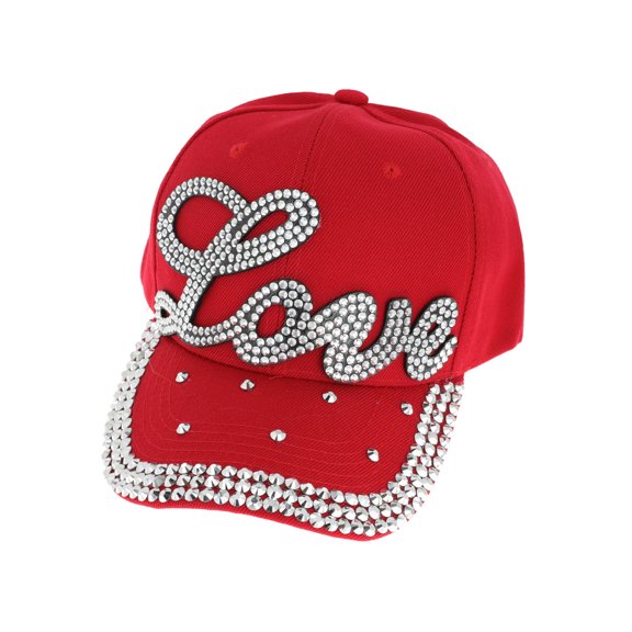 Top Headwear Cursive Love Stoned Distressed Denim Fashion Baseball Cap - Red