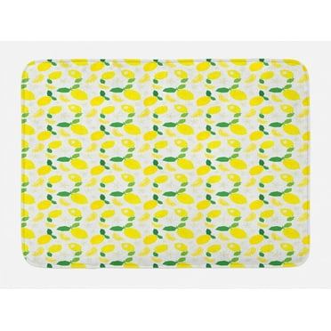 Lemons Bath Mat, Continuous Citrus Leaves Flower Blossoms Polygonal Inspired Print, Plush Bathroom Decor Mat with Non Slip Backing, 29.5" X 17.5", Yellow Fern Green, by Ambesonne