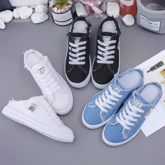 Women's Walking Mules Sneakers Slip on Canvas House Slippers Platform Backless Sneakers Wide Non Slip Chunky Sole Lace Up Breathable Flat Casual Sandals Round Toe Backless Tennis Shoes, 39