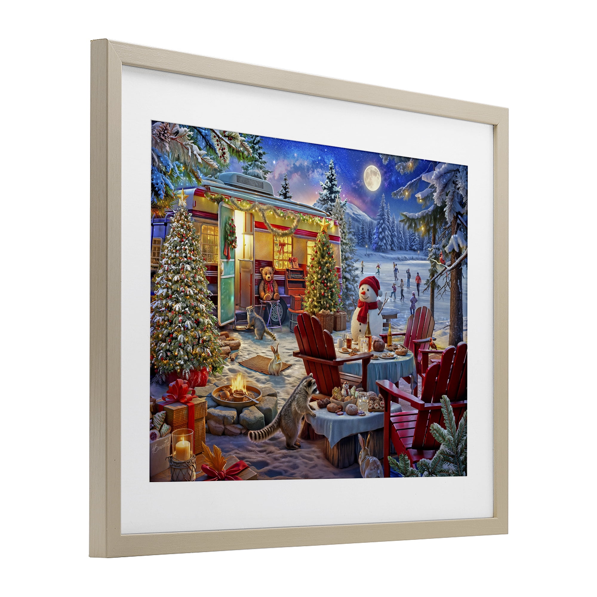Winter Holiday Camper Party Birch Framed Print Under Glass, design by Henriette Chinaglia