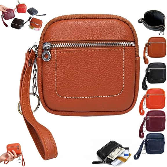 Square Leather Mini Card Wallet Coin Purse, Portable Purses with Wrist Strap Fashion Money Bags (Brown)
