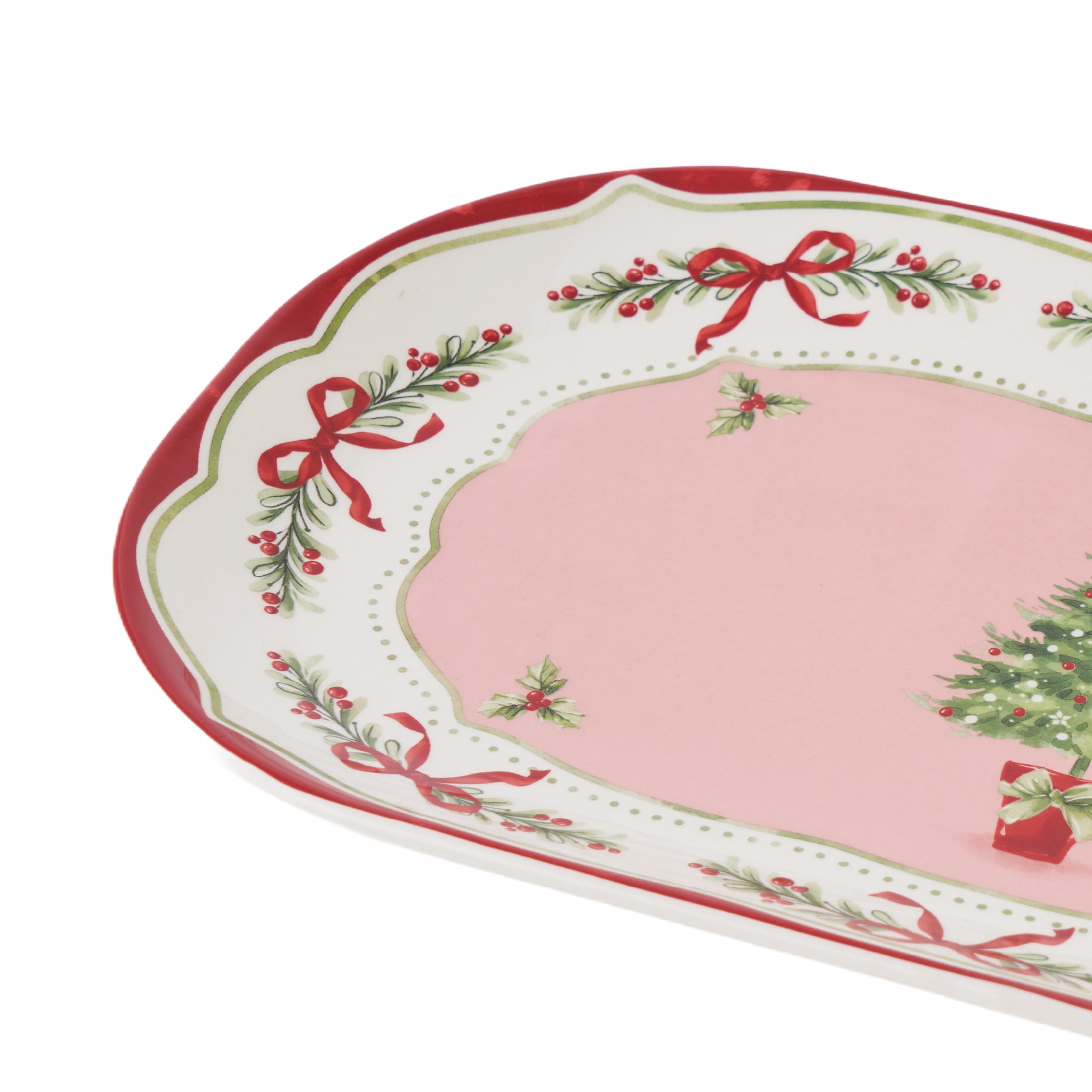 Holiday Time Ceramics Pink/Red Christmas Tree Platter