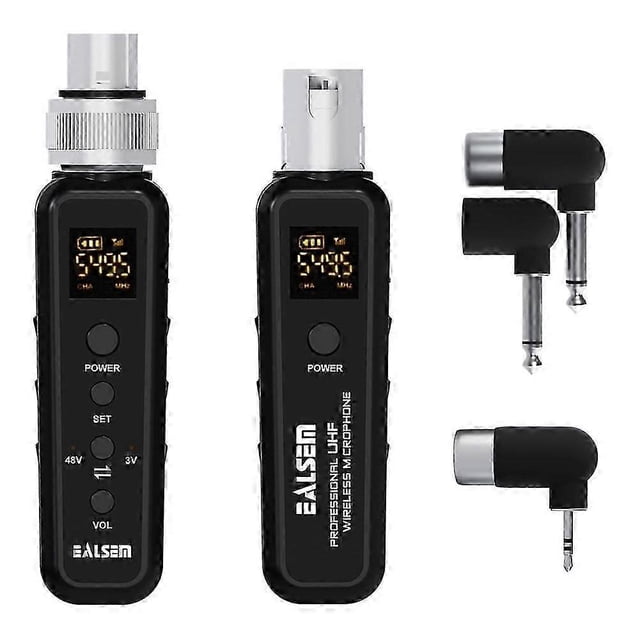ealsem uhf wireless xlr transmitter receiver system par frontal en color negro: transmisor y receptor de plástico con pequeñas pantallas que muestran frecuencia, botones POWER y SET, control de VOL y marcas 48V/3V, conector XLR en la parte superior; incluye adaptadores en ángulo de 6.35 mm y 3.5 mm sobre fondo blanco; a menudo se usa para convertir micrófonos con cable a inalámbricos en escenario, grabación o entrevistas.
