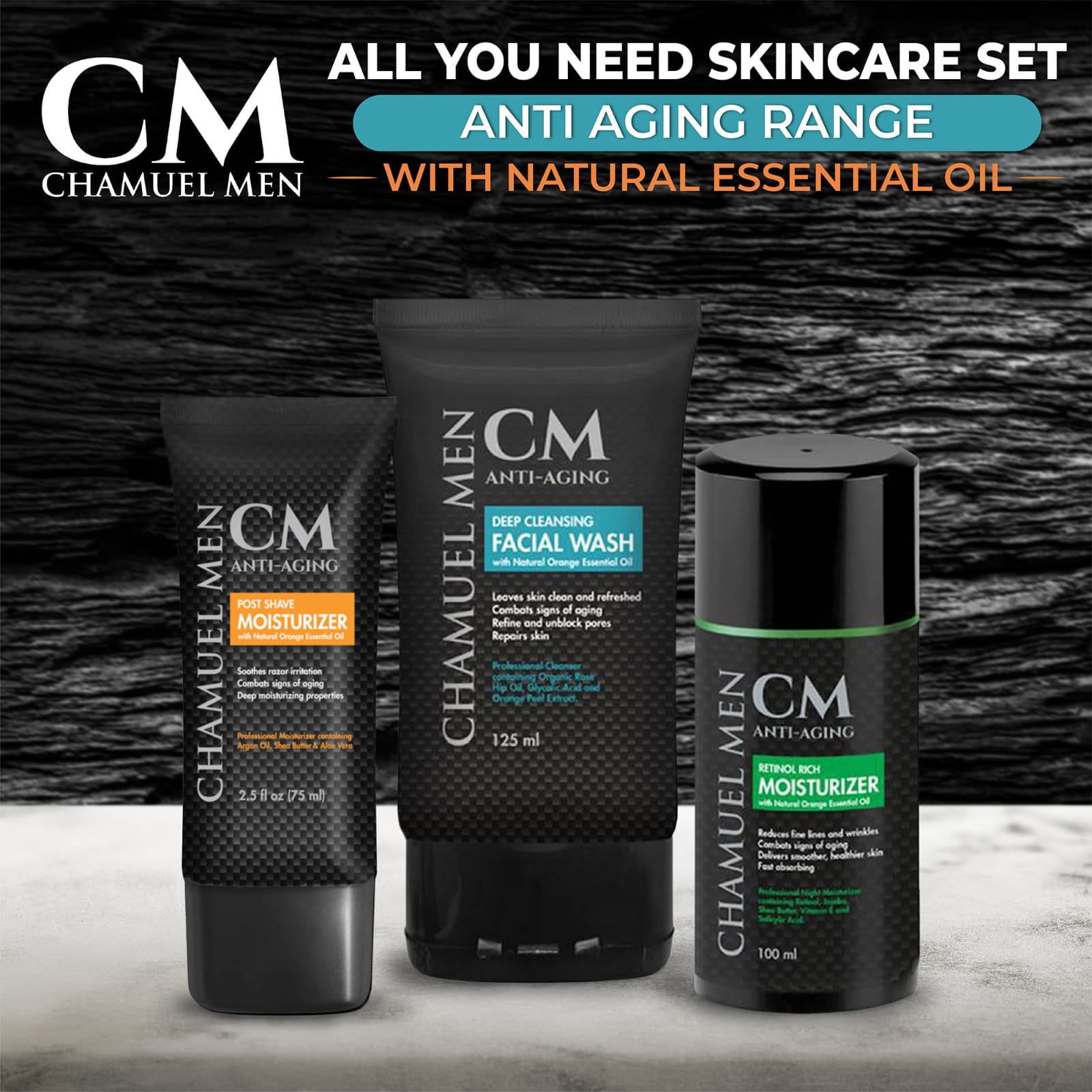 Chamuel Men All You Need 3-Piece Skin Care Set, Anti Aging Face Wash, Aftershave Lotion, and Retinol Night Cream