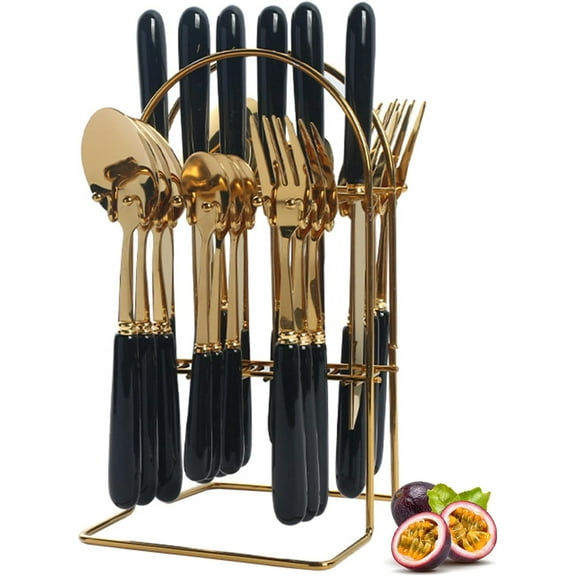 Peniguingy 24 Piece Stainless Steel Flatware Set with Ceramic Handle, Tableware Cutlery Set Service for 6,Silverware Set with Storage Rack Includes Knives Forks Spoon for Kitchen and Home (Black)