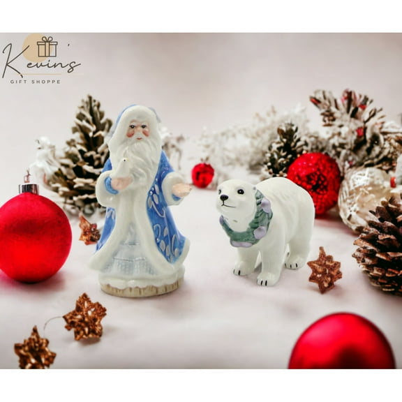 Ceramic Santa Polar Bear Salt and Pepper Shakers Blue Christmas Gift