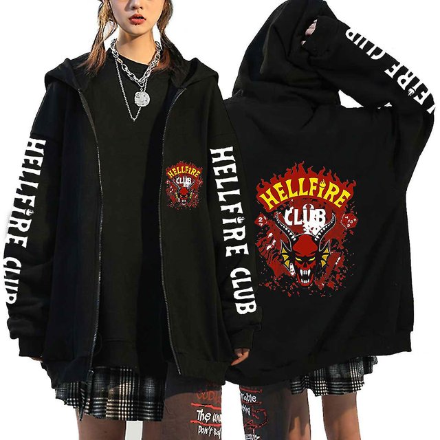 Stranger Things Sweat à Capuche Imprimé Hellfire Club, Sweat à Capuche Ample avec Fermeture Éclair, Lettrage Blanc sur les Manches