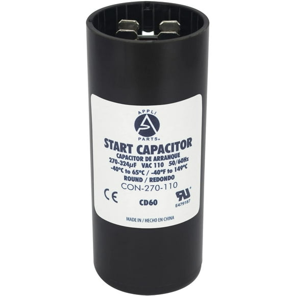 Appli Parts motor start capacitor 300-360 Mfd (microfarads) uF 110-125 VAC universal fit for electric motor applications 1-7/16 in Wide 3-3/8 in Height CON-300-110