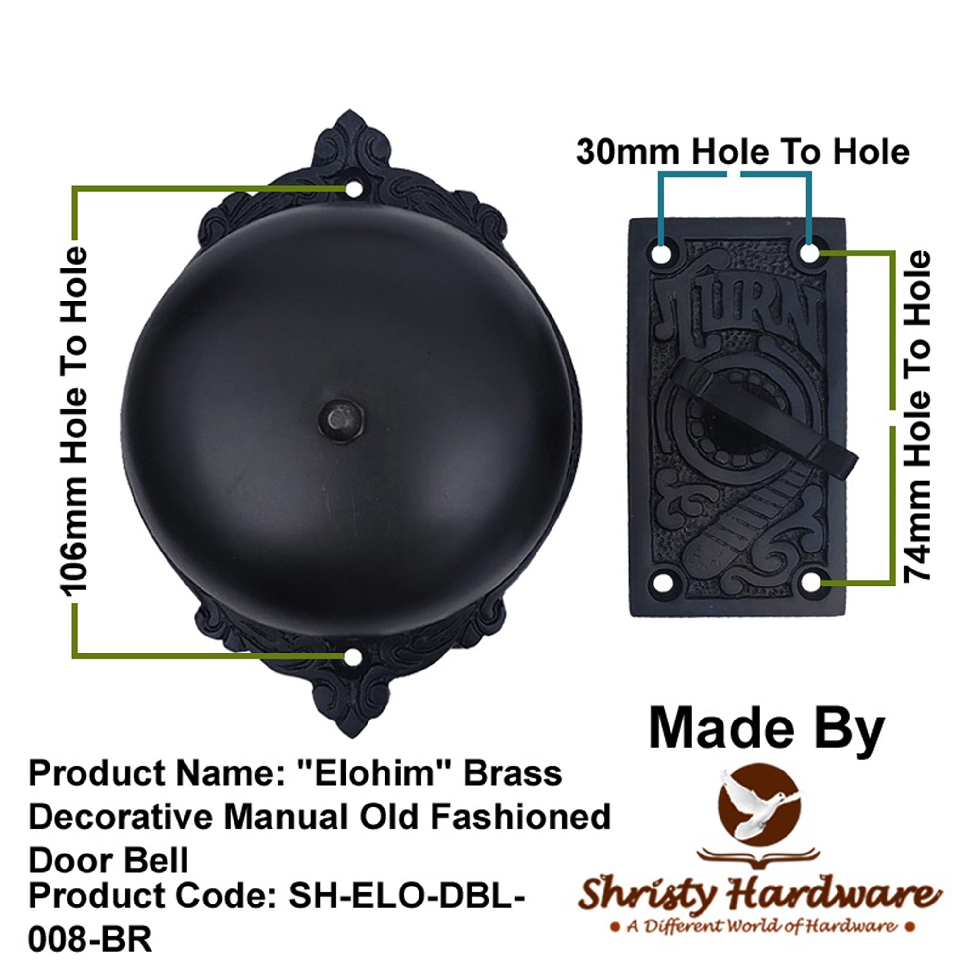 Shristy Hardware "Elohim" Brass Manual Old Fashioned Door Bell – Vintage Twist Bell with Key Plate – Mechanical Doorbell for Home – (Pack of 1 Black Antique Finish)