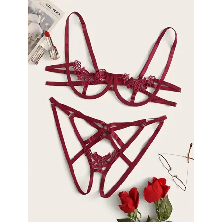 

Sexy Lace Lingerie Set Embroidery Strappy Lace Criss Cross Bra Women‘s Sexy Lingerie & Underwear