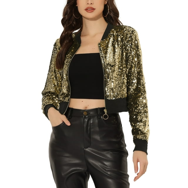 INSPIRE CHIC Women's Sequin Sparkle Zipper Cropped Bomber Jacket Gold XL
