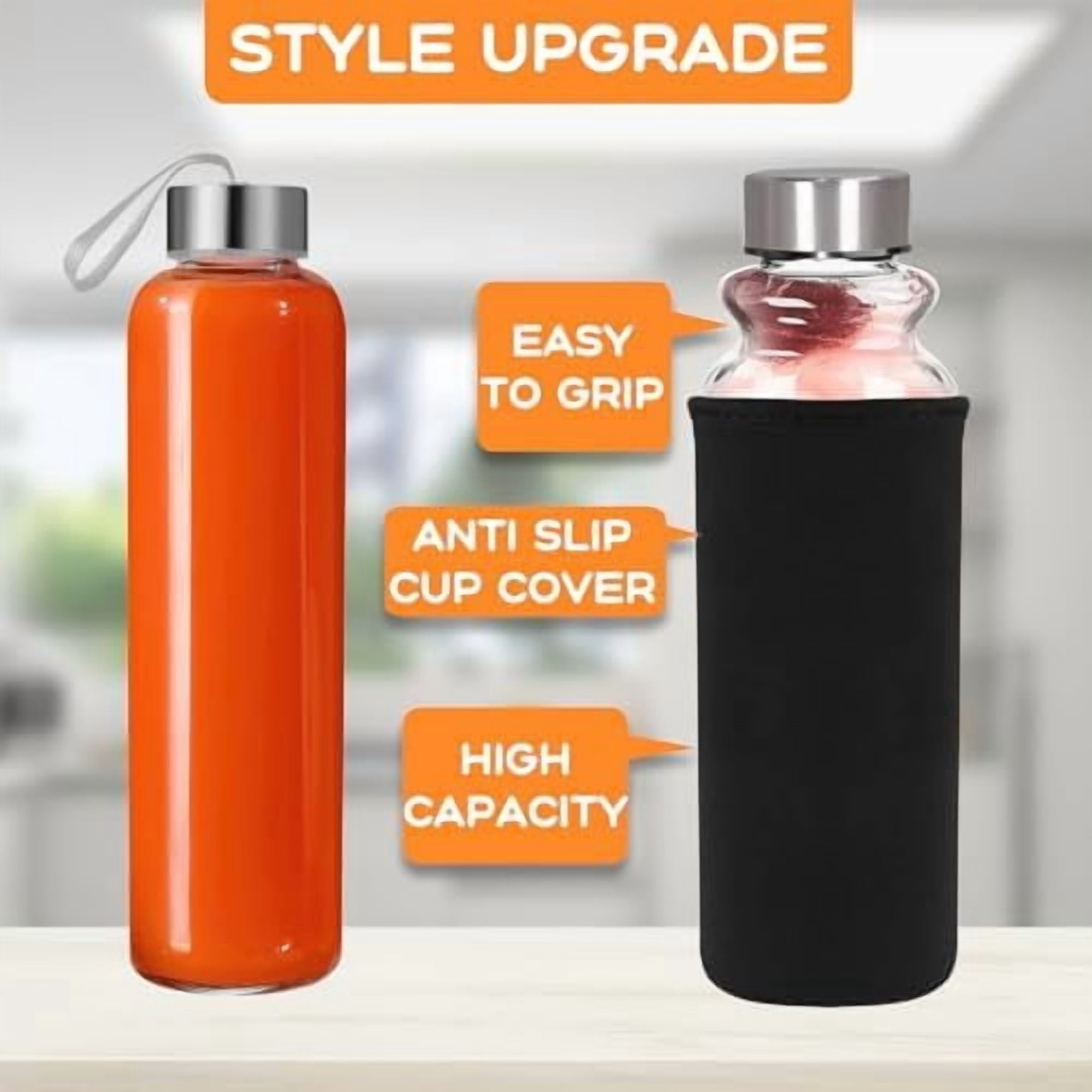 Glass Water Bottles Set of 6, 18 oz, Reusable Water Bottle with Lids, LeakProof Juice Bottles, BPA Free, Container Bottle for Refrigerator, Suitable for Beverage, Milk, Soda