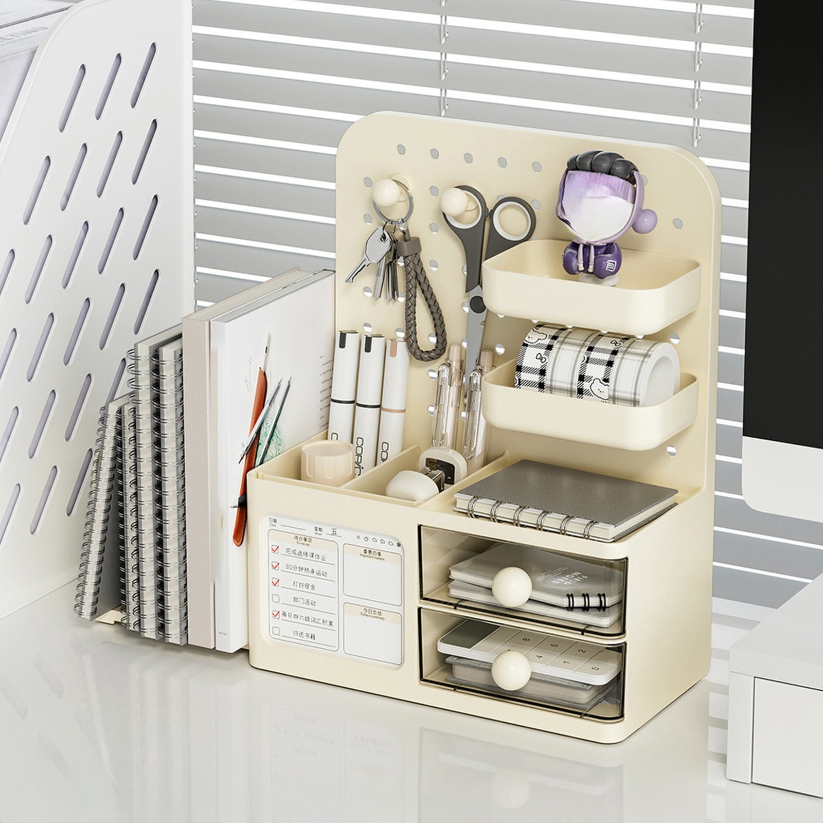 Horivan Desk Pegboard Organizer with Retractable Stand Plastic Storage Box for Office Supplies Home Office Dorm Desk Organizer, Space Saving Desk Accessories