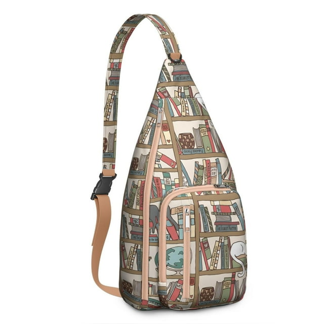 Born to Read Sling Backpack - Literary Bookcase Wall Design Shoulder Bag, Anti-Theft Multi-Pocket Pack for Book Enthusiasts
