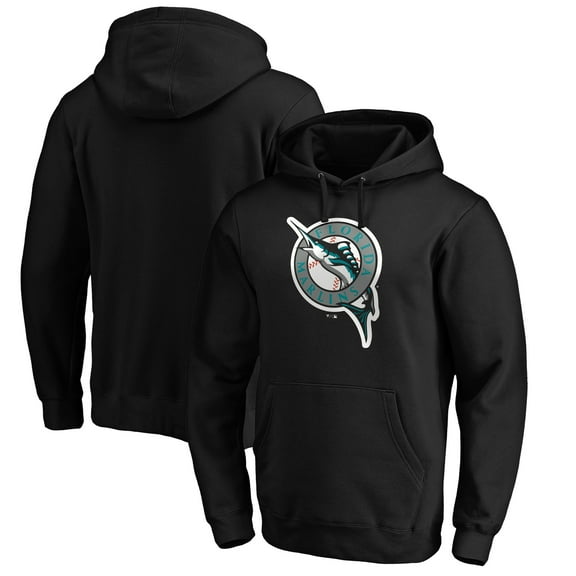 Men's Black Florida Marlins Cooperstown Collection Huntington Logo Fitted Pullover Hoodie