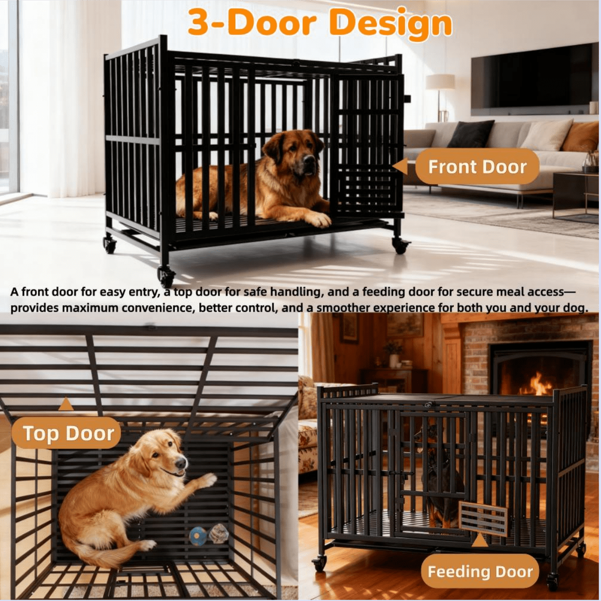 Indestructible Heavy Duty Dog Crate for Dogs, Escape-Proof Metal Kennel with Lockable Wheels & Removable Tray, Reinforced Steel Frame, Easy to Clean