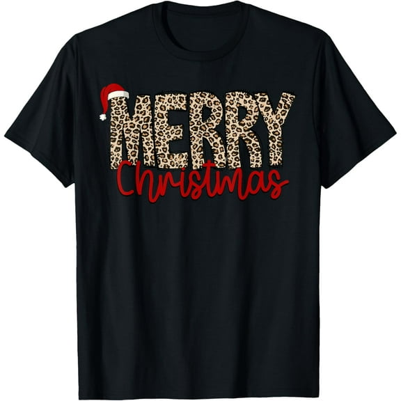 Premium model-Unisex-100% cotton-Merry Christmas Leopard Santa Hat Cheetah Print Xmas Pajamas T-Shirt