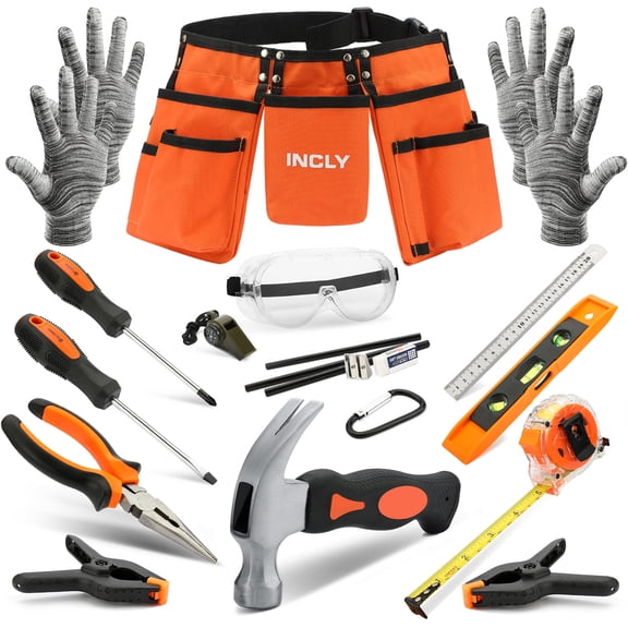 INCLY 18 Pcs Real Hand Tool Set, Boy Builder's Tool Set with Hand Tools, Toddlers Learning Tool Kit, Woodworking Play