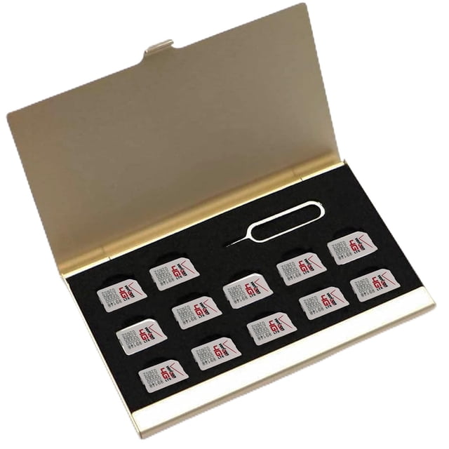 Aluminum Universal Waterproof Slim Mini SIM Slots Storage Case with 12 Nano SIM Card & 1 Cell Phone Eject Pin Slots (Gold)