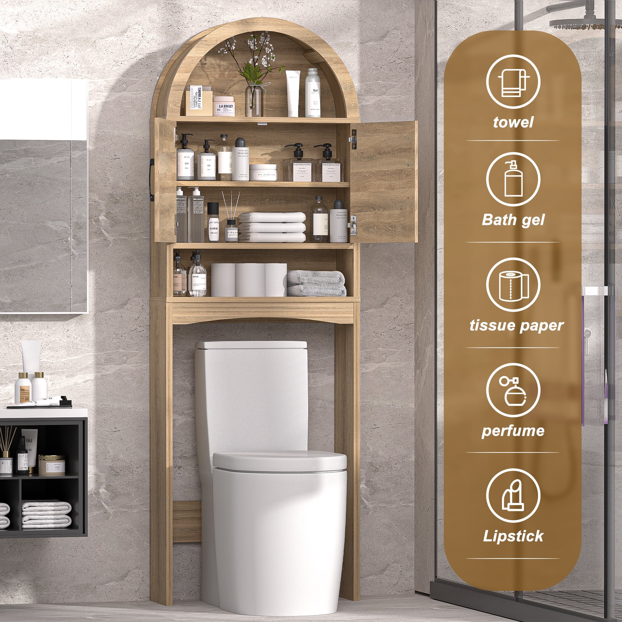 HARIPUL Over Toilet Storage Cabinet, Bathroom Space Saver Organizer with Doors and Shelves, Freestanding,  Wood Color