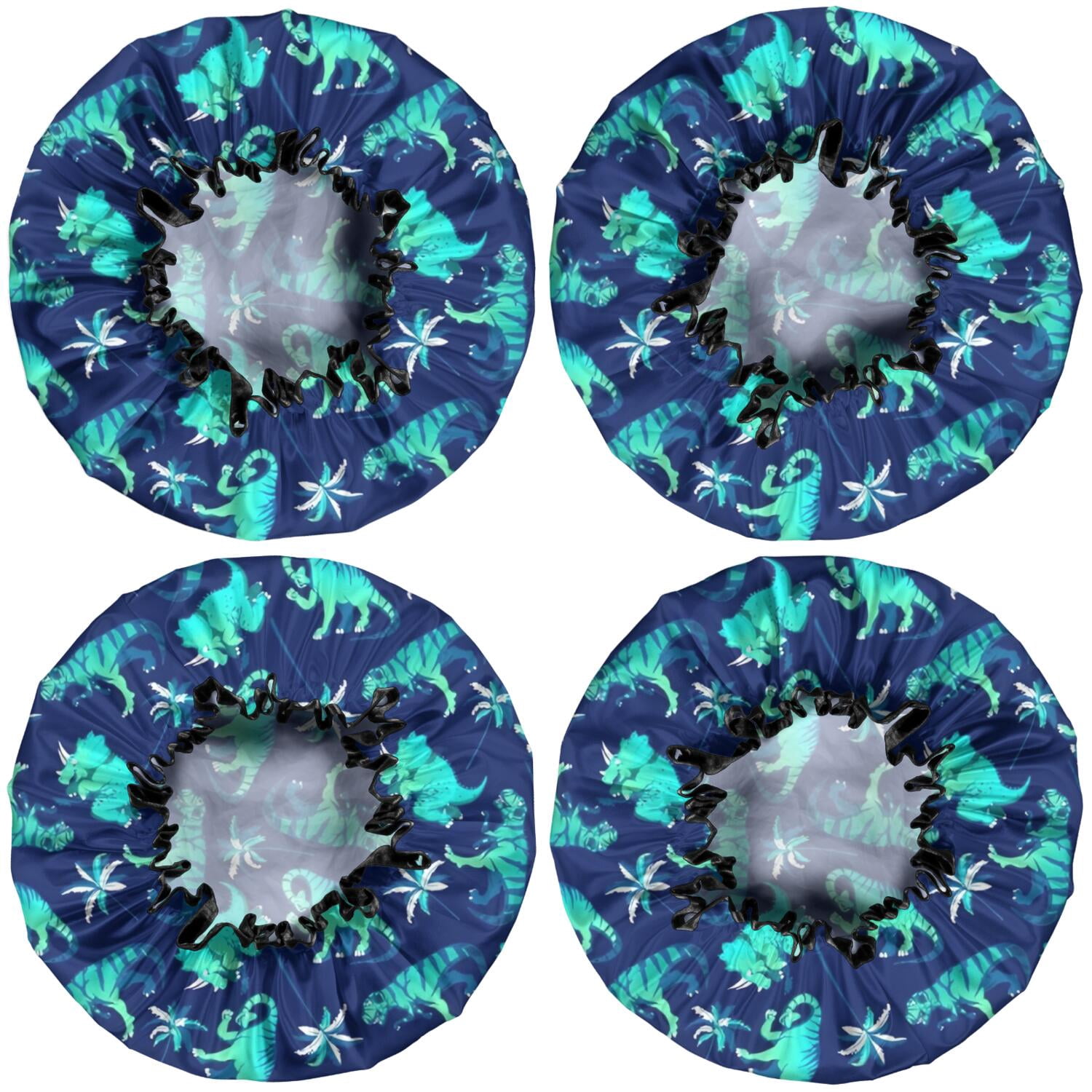 Shower Caps,DarkBlue Cartoon Dinosaurs Palms Pattern Waterproof Shower Cap for Women 4 Pieces,Double Reusable Hair Cover for Shower PEVA Elastic Stretch Hem