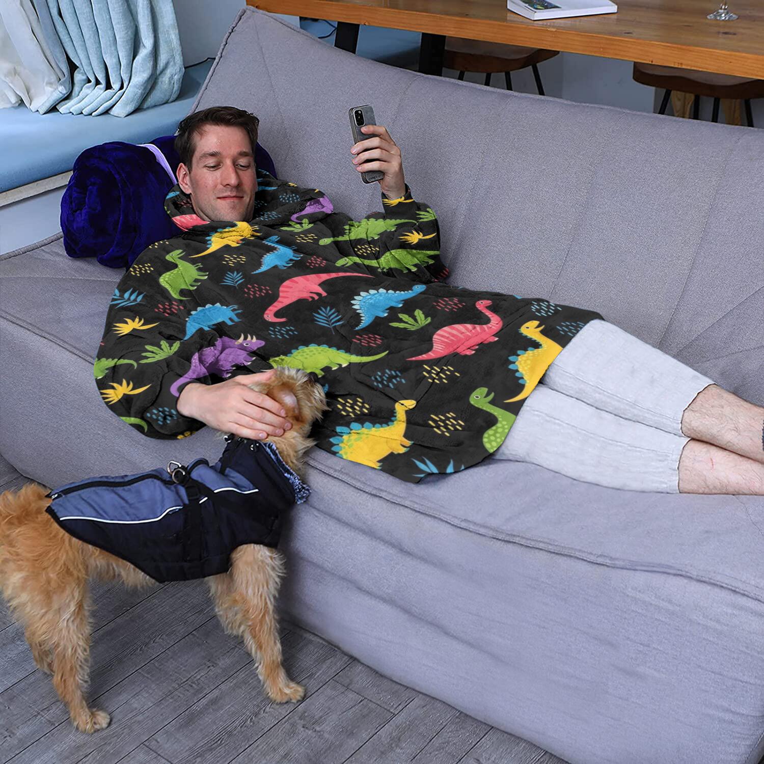 Wearable Oversized Blanket,Black Cartoon Colorful Dinosaurs Plants Pattern Wearable Blanket Hoodie for Adults,Cozy Hooded Blankets with Super Pockets,Super Warm Fuzzy Pullover for Women & Men